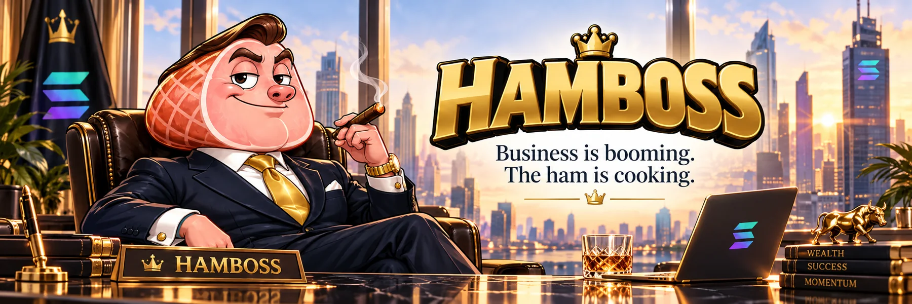 HamBoss CEO in his office with the motto Business is booming. The ham is cooking.